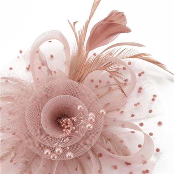 Women's Fascinators Tea Party Wedding Mesh Flower Pearl Feather Fascinator Hat - Picture 3 of 6